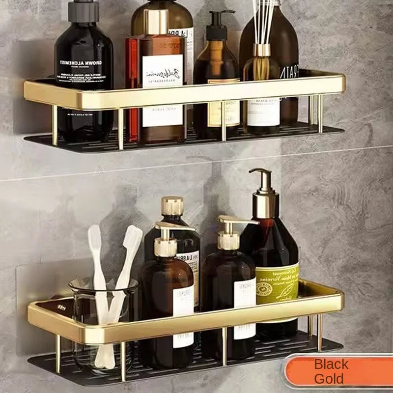Punch Holes Black Gold Aluminum Shelves Bathroom Kitchen Storage Double Layer Space Saving Rustproof Wall Mounted Design