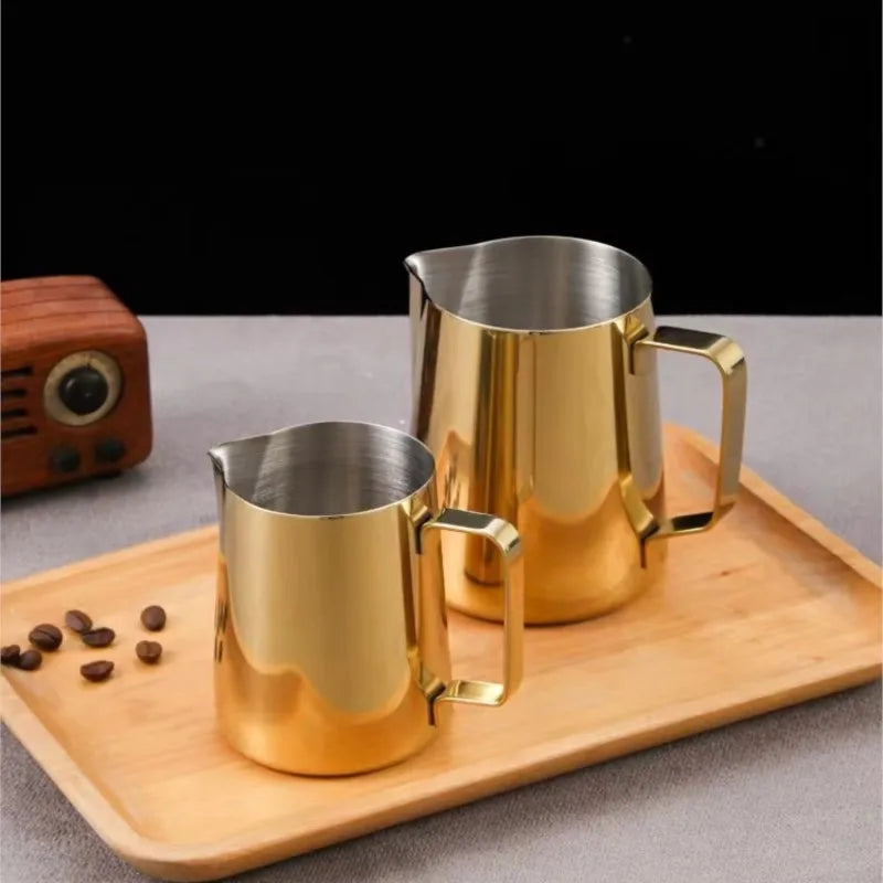 Jarra para espumar leche de acero inoxidable 304, tarro de espuma de leche para café, lata de espuma de leche para café, accesorios de café latte para cafetería, azul y dorado