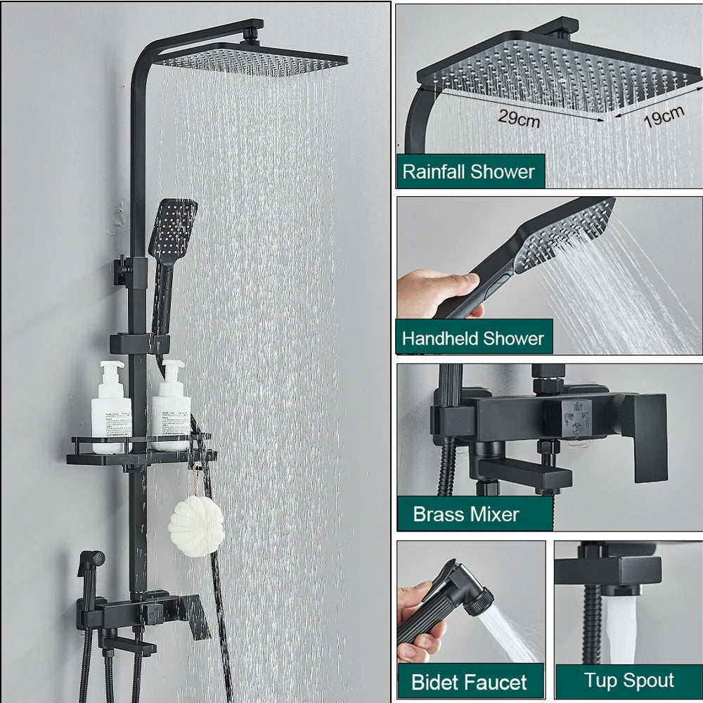 Sistema de Ducha Tipo Columna Negro Mate con Ducha Higiénica