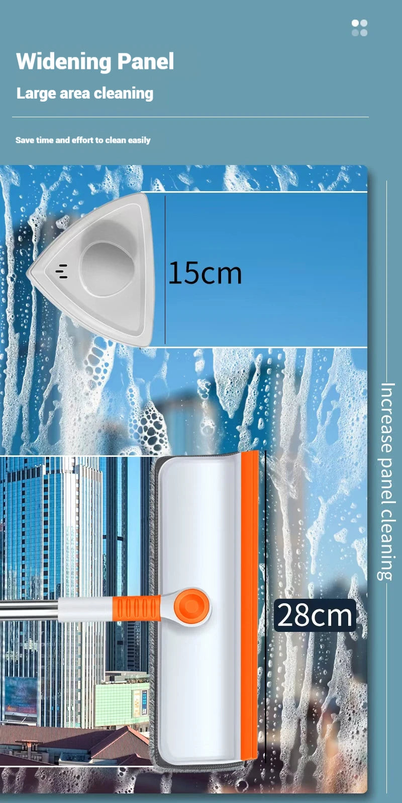 Limpiador de Ventanas con Mango Largo (51 pulg.), Herramienta de Limpieza de Vidrios con Escobilla de Silicona y Cepillo de Microfibra, Kit de Limpieza de Ventanas