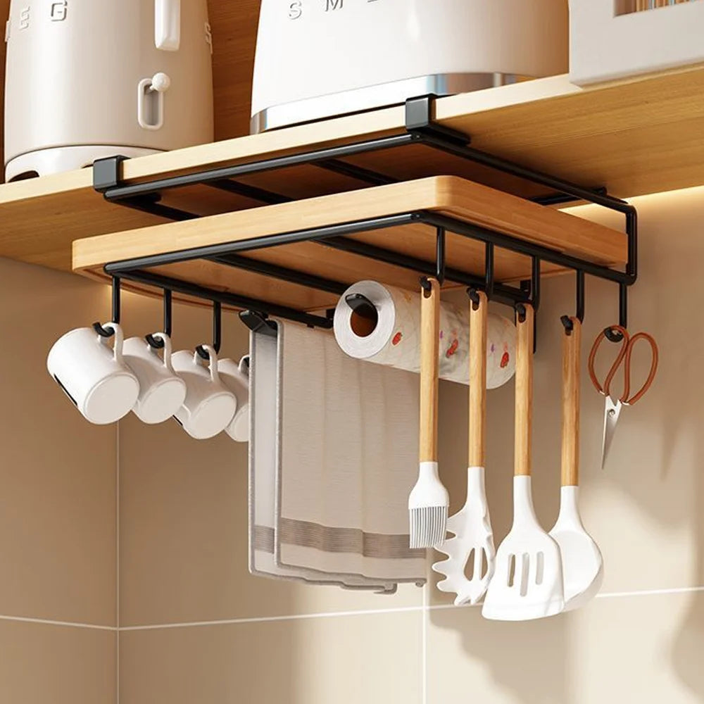 Under Cabinet Kitchen Organizer Rack with Hooks for Paper Towels Cutting Boards and Pot Lids