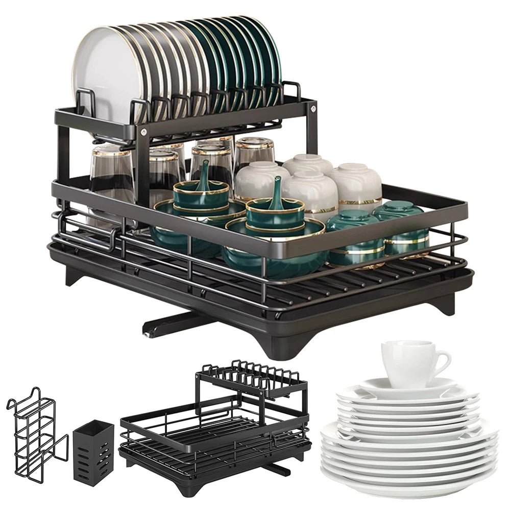 Dish Bowl Drainer Drying Rack Adjustable Kitchen Plates Organizer with Drainboard