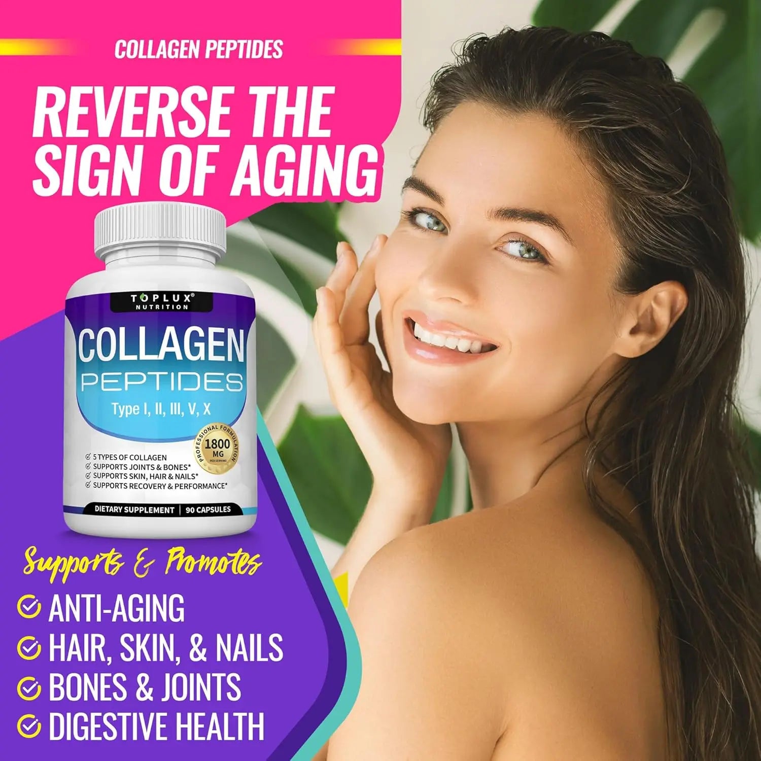 Collagen Peptides Supplement 1500mg for Hair Nails Skin Bone & Joint Health 90 Capsules
