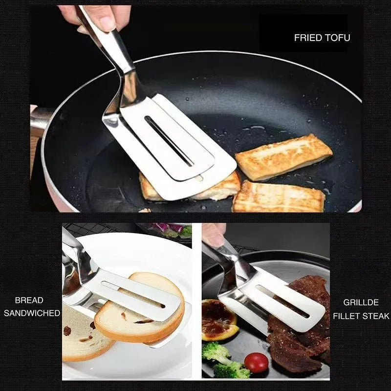 Pala de pescado frito de acero inoxidable dos en uno, pala de doble cara, clip para pescado, pala para filete frito, clip para freír, utensilios de cocina