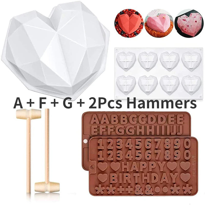 Juego de Moldes de Silicona en Forma de Diamante con Letras y Números, 1/6/8 Cavidades en Forma de Corazón para Mousse, Pasteles, Chocolate, Jabón y Velas