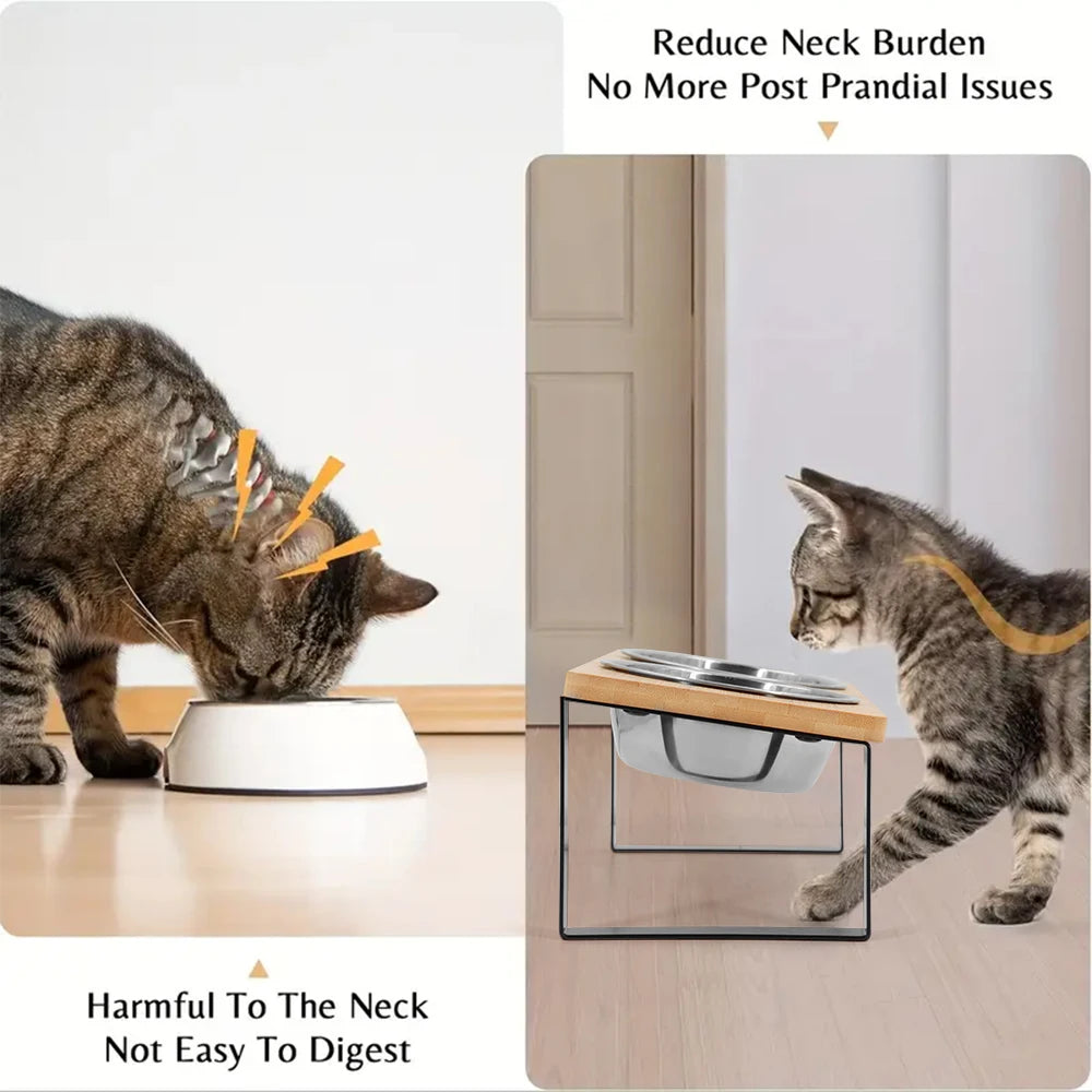 Comedero Elevado Doble de Bambú para Perros y Gatos