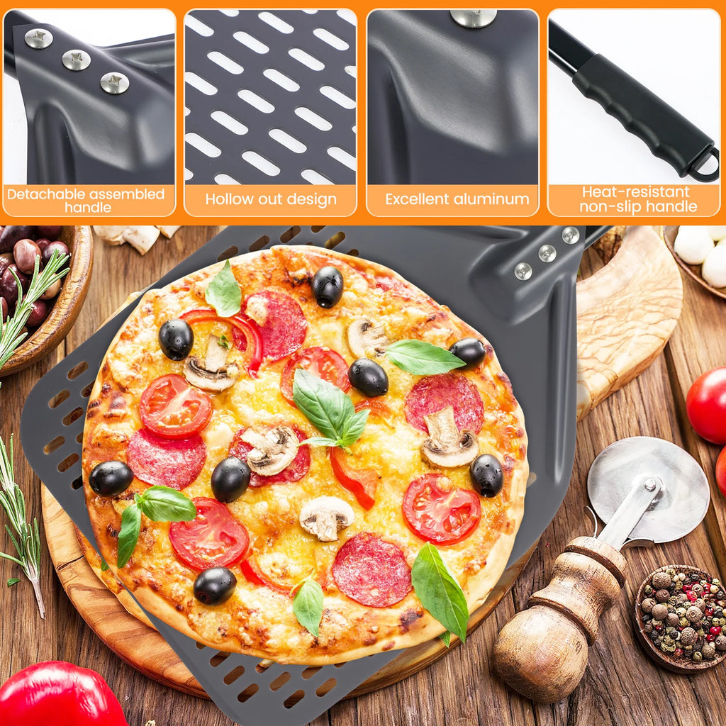 Pala para pizza perforada de 12 pulgadas, pala rectangular para pizza, aluminio con recubrimiento duro, pala corta para pizza, herramienta de cocina