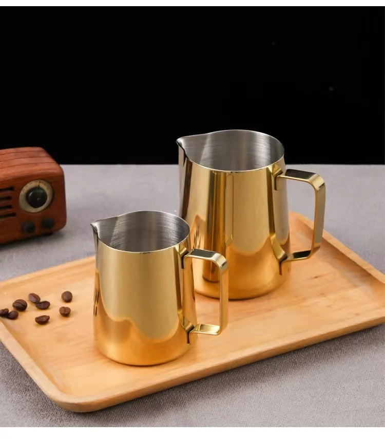Jarra para espumar leche de acero inoxidable 304, tarro de espuma de leche para café, lata de espuma de leche para café, accesorios de café latte para cafetería, azul y dorado