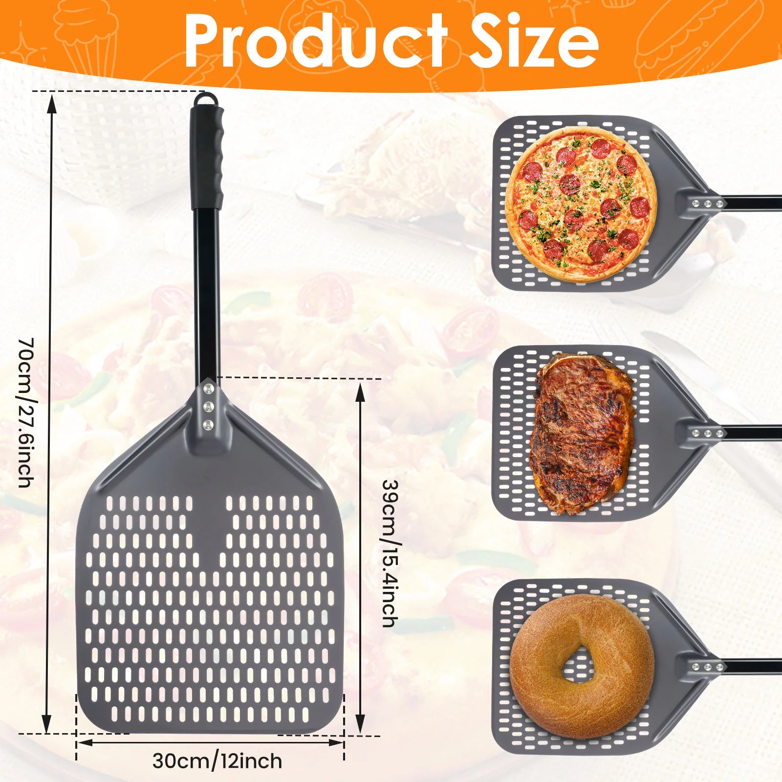 Pala para pizza perforada de 12 pulgadas, pala rectangular para pizza, aluminio con recubrimiento duro, pala corta para pizza, herramienta de cocina