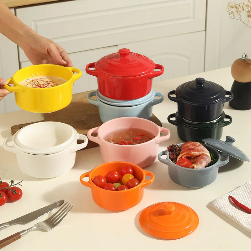1 pieza de cuenco pequeño de cerámica con doble asa - Seguro para horno para flan de huevo al vapor, sopa casera, pudín, horneado y guisos