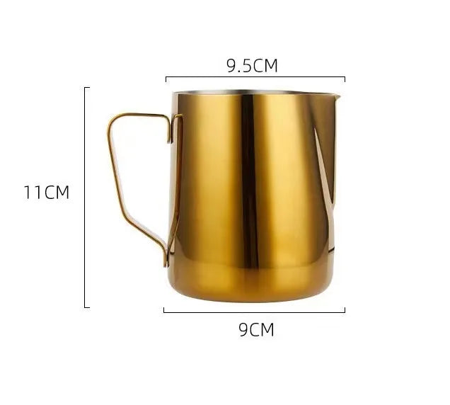 Jarra para espumar leche de acero inoxidable 304, tarro de espuma de leche para café, lata de espuma de leche para café, accesorios de café latte para cafetería, azul y dorado