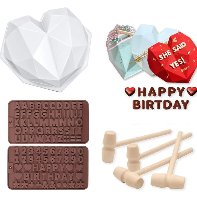 Juego de Moldes de Silicona en Forma de Diamante con Letras y Números, 1/6/8 Cavidades en Forma de Corazón para Mousse, Pasteles, Chocolate, Jabón y Velas