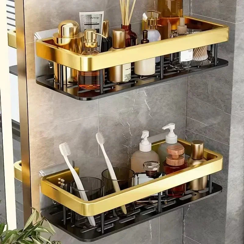 Punch Holes Black Gold Aluminum Shelves Bathroom Kitchen Storage Double Layer Space Saving Rustproof Wall Mounted Design