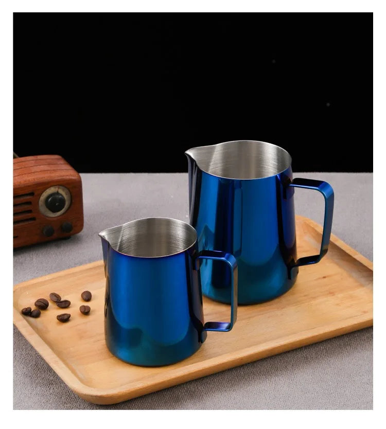 Jarra para espumar leche de acero inoxidable 304, tarro de espuma de leche para café, lata de espuma de leche para café, accesorios de café latte para cafetería, azul y dorado