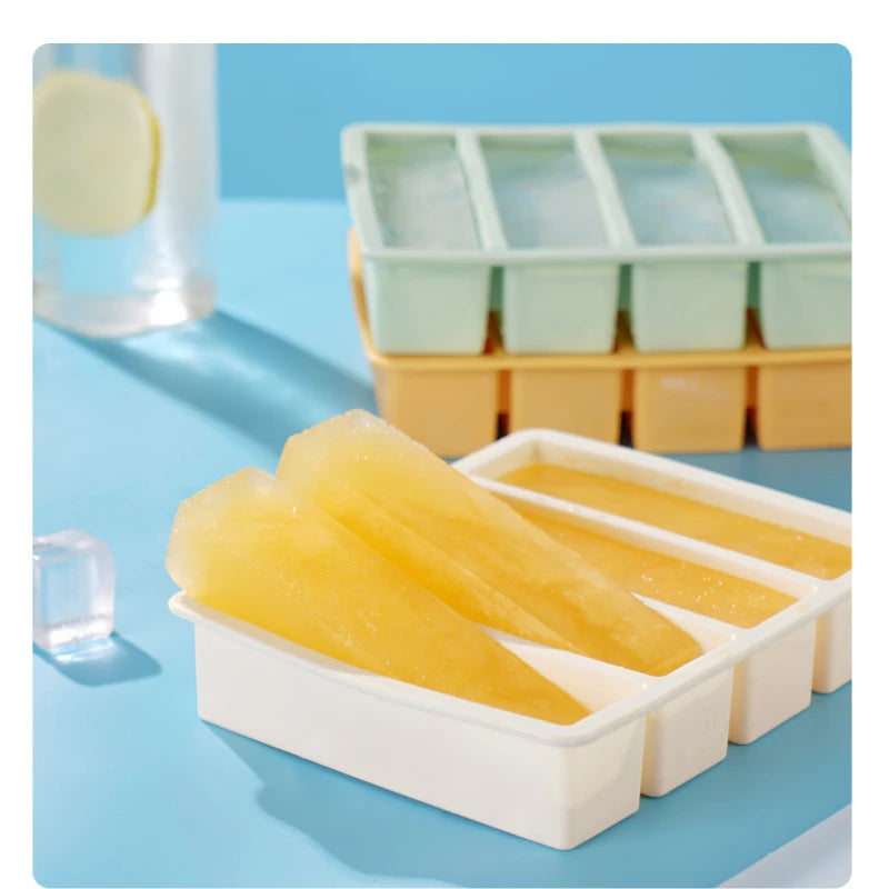 Bandeja de hielo cuadrada de 4 celdas, tira larga, molde de silicona de grado alimenticio, bandeja de hielo rectangular reutilizable para el hogar con tapa o sin tapa
