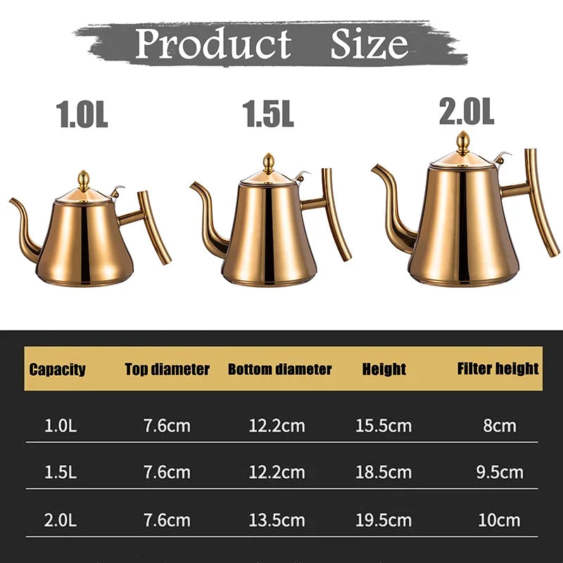 Tetera de acero inoxidable de 1.0L/1.5L/2.0L, con infusor extraíble para té de flores sueltas, tetera de café segura para estufa