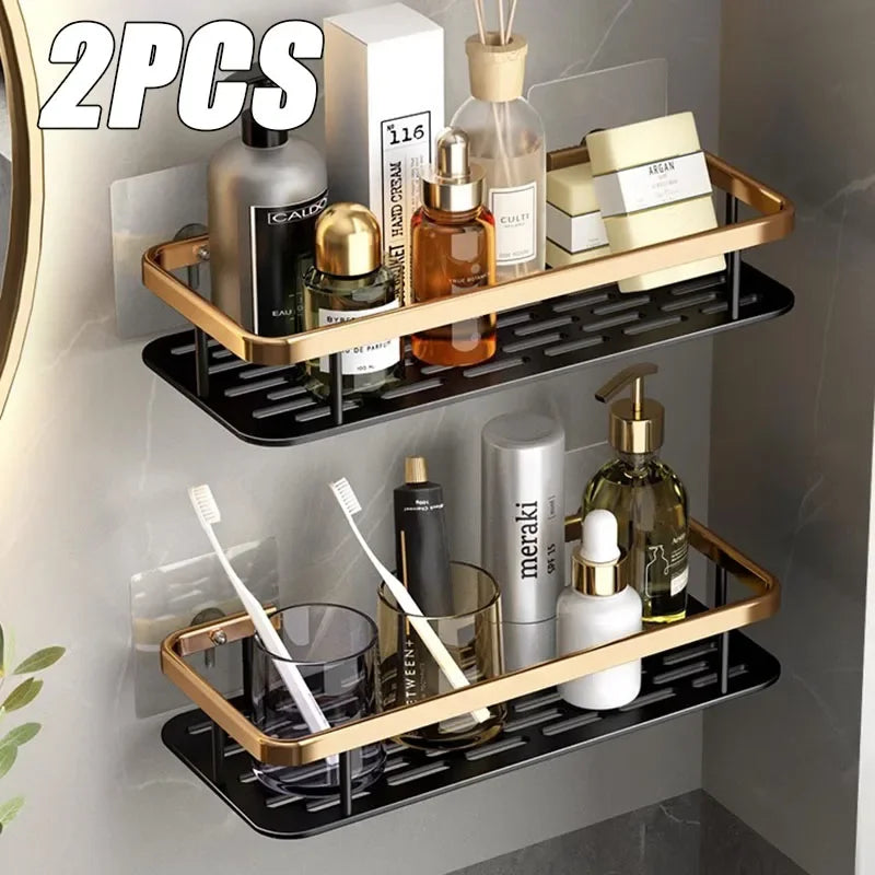 Punch Holes Black Gold Aluminum Shelves Bathroom Kitchen Storage Double Layer Space Saving Rustproof Wall Mounted Design