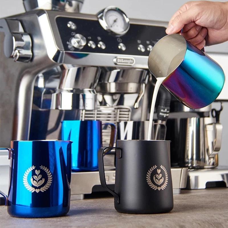 Jarra para espumar leche de acero inoxidable 304, tarro de espuma de leche para café, lata de espuma de leche para café, accesorios de café latte para cafetería, azul y dorado