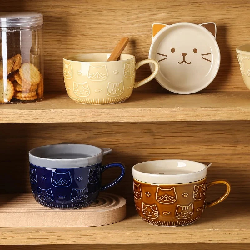 Taza de café japonesa YWDL con dibujo de gato, tapa con patrón de gato, platito pequeño, taza de desayuno linda, taza de café creativa, taza de leche, regalo