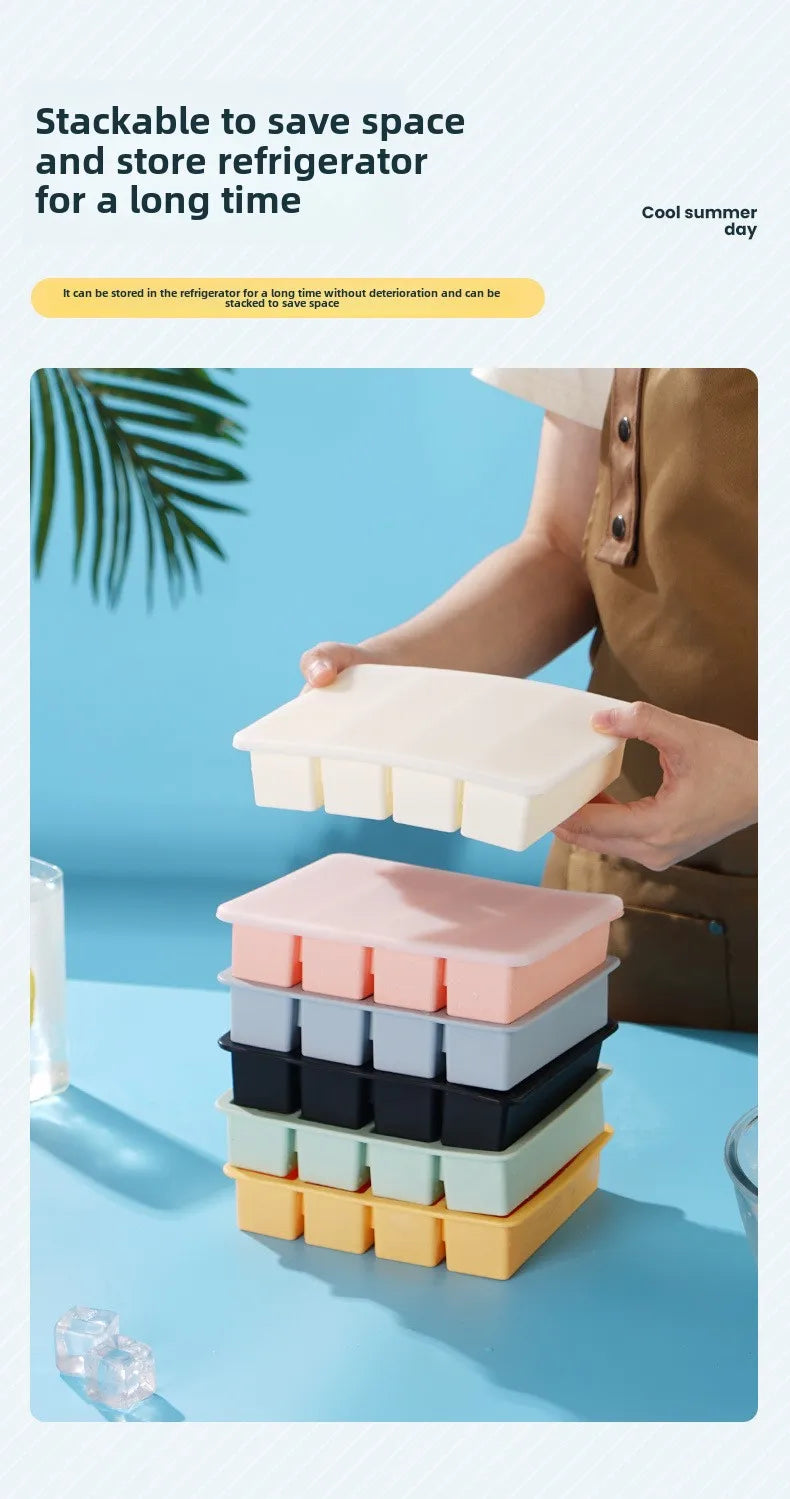Bandeja de hielo cuadrada de 4 celdas, tira larga, molde de silicona de grado alimenticio, bandeja de hielo rectangular reutilizable para el hogar con tapa o sin tapa