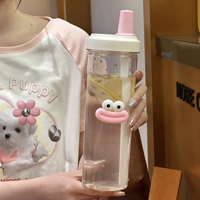 Botella de agua de plástico linda de 500/850ML con té de burbujas y popote de té con perlas para chicas, taza de agua de gran capacidad para estudiantes, café y jugo