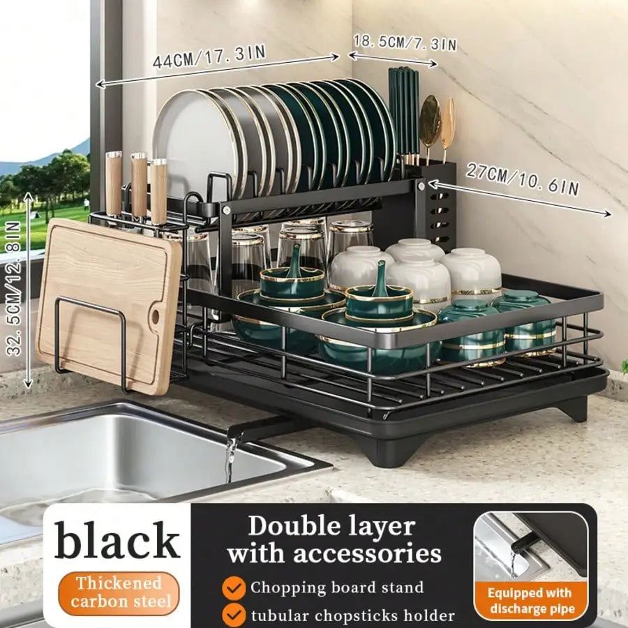 Double-Layer Large Carbon Steel Cutlery Dish Drying Rack Organizer with Drainboard