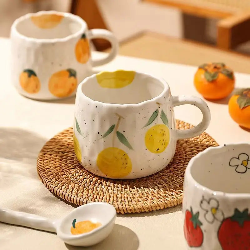 Taza de café de cerámica con superficie esmaltada, dibujo de frutas de caricatura, tazas para niños, taza de porcelana de fresa para niños