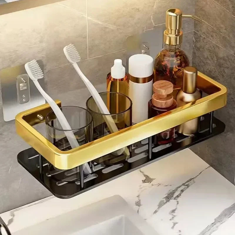 Punch Holes Black Gold Aluminum Shelves Bathroom Kitchen Storage Double Layer Space Saving Rustproof Wall Mounted Design