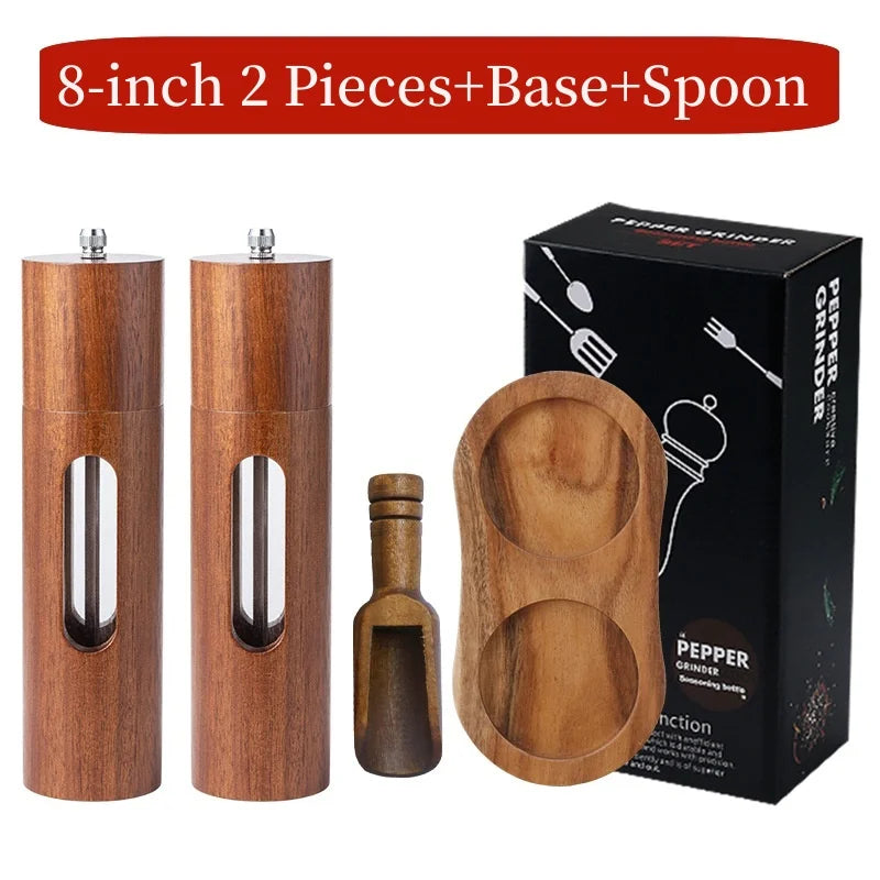 Molino de Sal y Pimienta de Madera, Molino de Pimienta Manual de 8 Pulgadas con Grosor Ajustable y Recargable, Salpimenteros de Madera de Acacia para Cocina