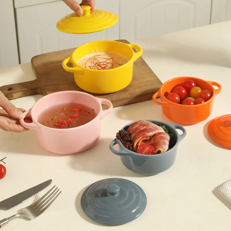 1 pieza de cuenco pequeño de cerámica con doble asa - Seguro para horno para flan de huevo al vapor, sopa casera, pudín, horneado y guisos