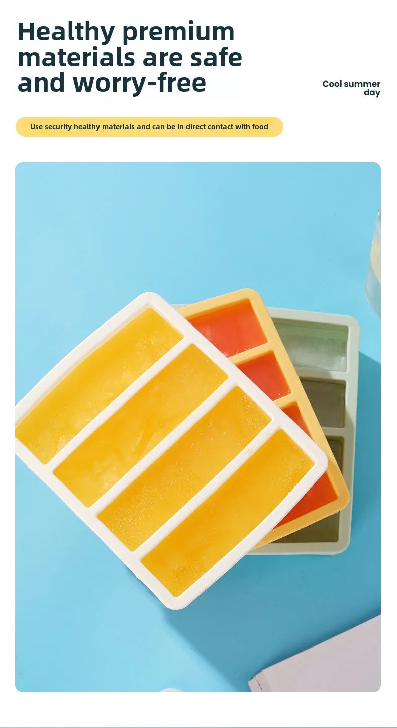 Bandeja de hielo cuadrada de 4 celdas, tira larga, molde de silicona de grado alimenticio, bandeja de hielo rectangular reutilizable para el hogar con tapa o sin tapa