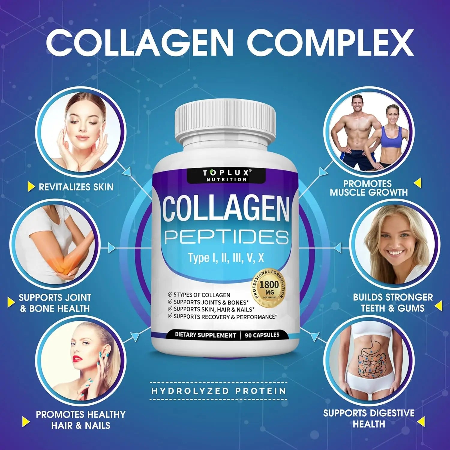 Collagen Peptides Supplement 1500mg for Hair Nails Skin Bone & Joint Health 90 Capsules