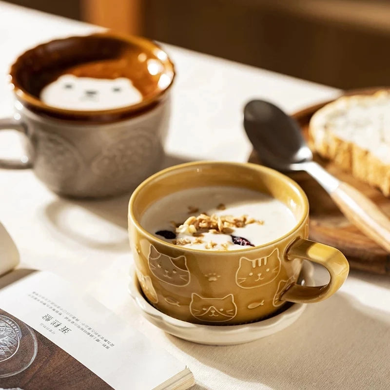 Taza de café japonesa YWDL con dibujo de gato, tapa con patrón de gato, platito pequeño, taza de desayuno linda, taza de café creativa, taza de leche, regalo