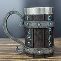 Jarra de cerveza de madera estilo barril, jarra de cerveza de acero inoxidable de gran capacidad, taza de café, copa de vino, metálica e aislada, como regalo para bar o fiesta