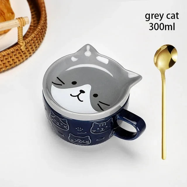 Taza de café japonesa YWDL con dibujo de gato, tapa con patrón de gato, platito pequeño, taza de desayuno linda, taza de café creativa, taza de leche, regalo