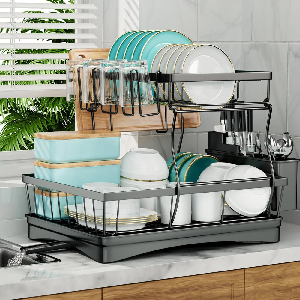 Double-Layer Large Metal Cutlery Dish Drying Rack Countertop Organizer