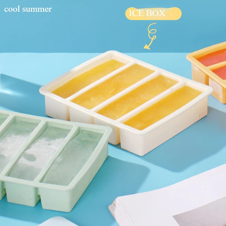 Bandeja de hielo cuadrada de 4 celdas, tira larga, molde de silicona de grado alimenticio, bandeja de hielo rectangular reutilizable para el hogar con tapa o sin tapa
