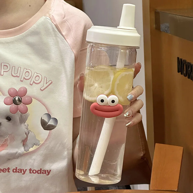 Botella de agua de plástico linda de 500/850ML con té de burbujas y popote de té con perlas para chicas, taza de agua de gran capacidad para estudiantes, café y jugo