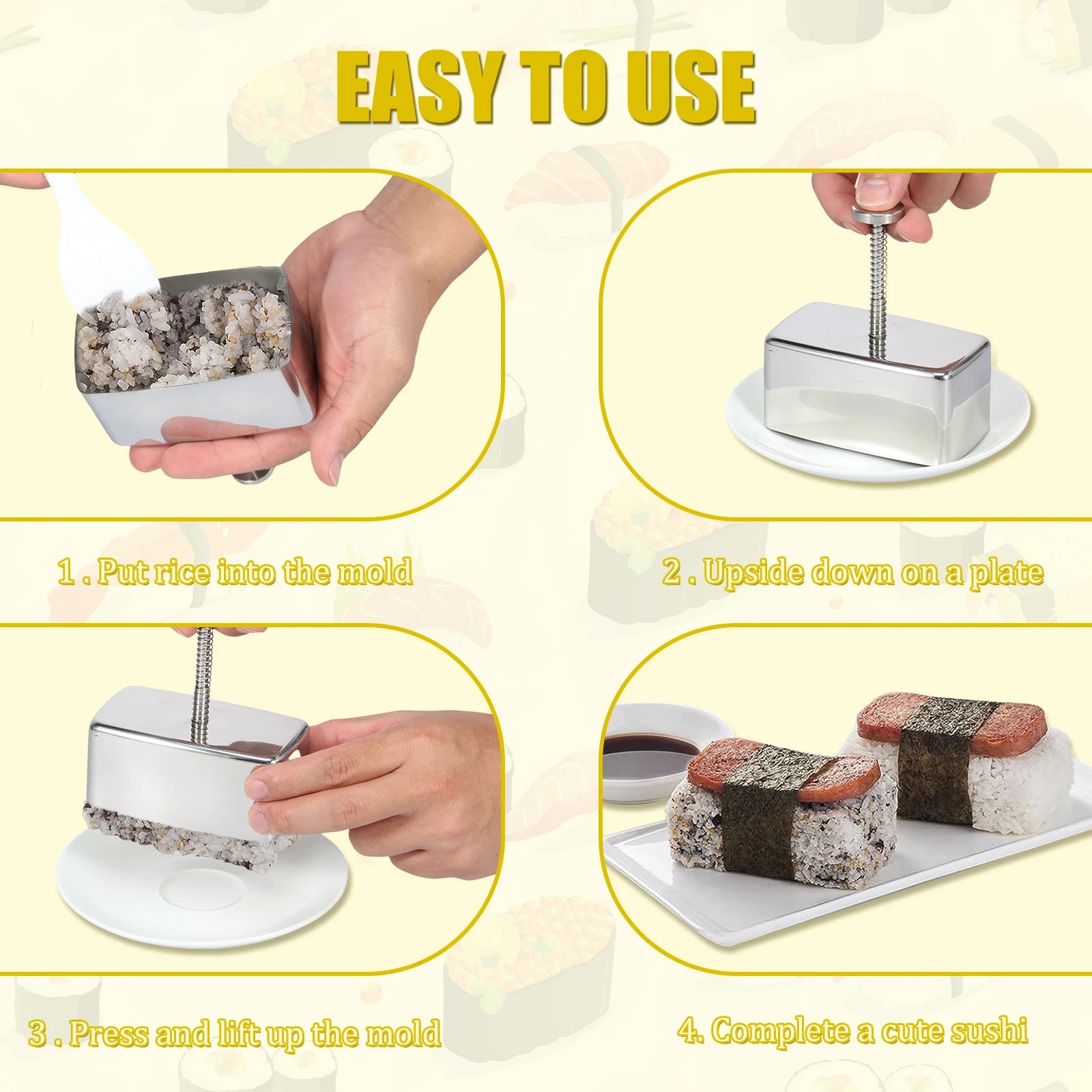 Molde para Onigiri Antiadherente de Acero Inoxidable Triangular y Rectangular Molde para Bolas de Arroz DIY Musubi Sushi Prensa para Almuerzo de Niños Bento