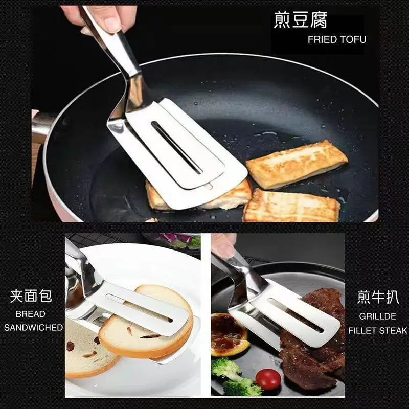 Pala de pescado frito de acero inoxidable dos en uno, pala de doble cara, clip para pescado, pala para filete frito, clip para freír, utensilios de cocina
