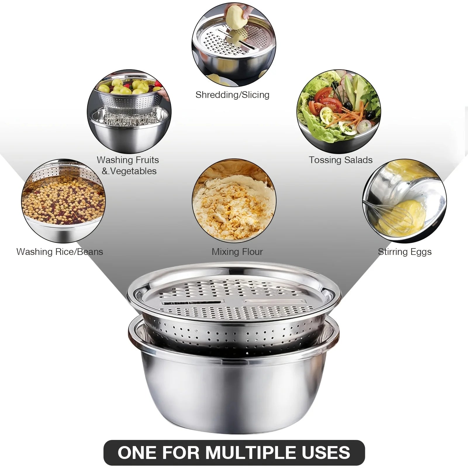 Juego de cocina de 3 piezas de acero inoxidable con molinillo y cuenco filtrante - Drenaje seguro para alimentos para frutas, verduras y queso | Envío en 24 horas