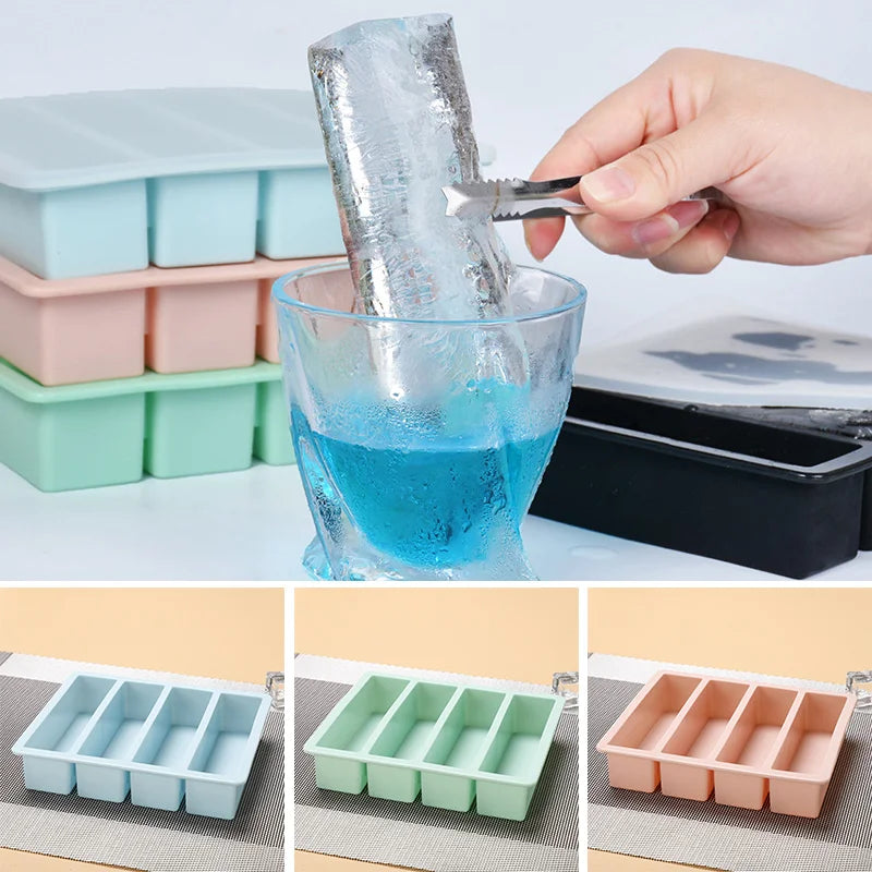 Bandeja de Hielo Larga con 4 Compartimentos, Molde de Hielo de Silicona Reutilizable, Fabricante de Cubitos de Hielo de Silicona de Calidad Alimentaria y Libre de BPA