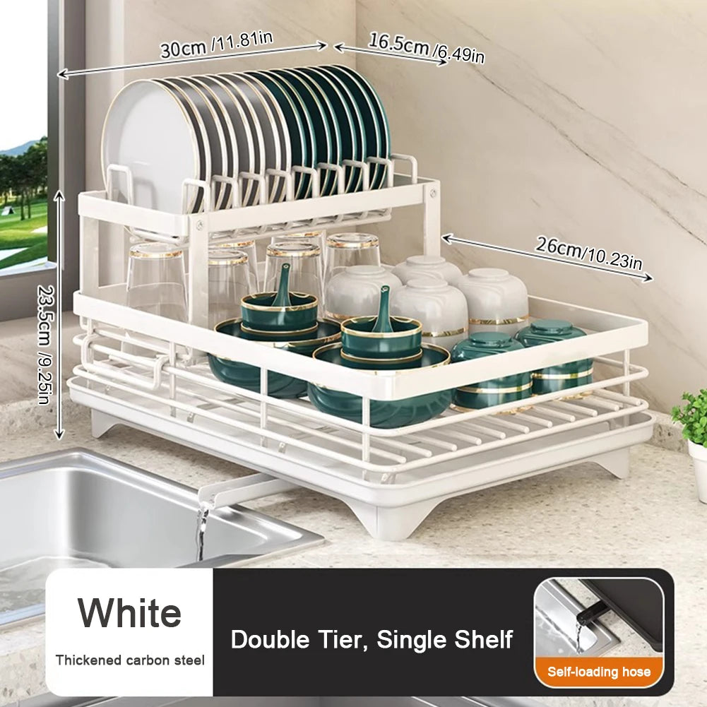 Dish Bowl Drainer Drying Rack Adjustable Kitchen Plates Organizer with Drainboard