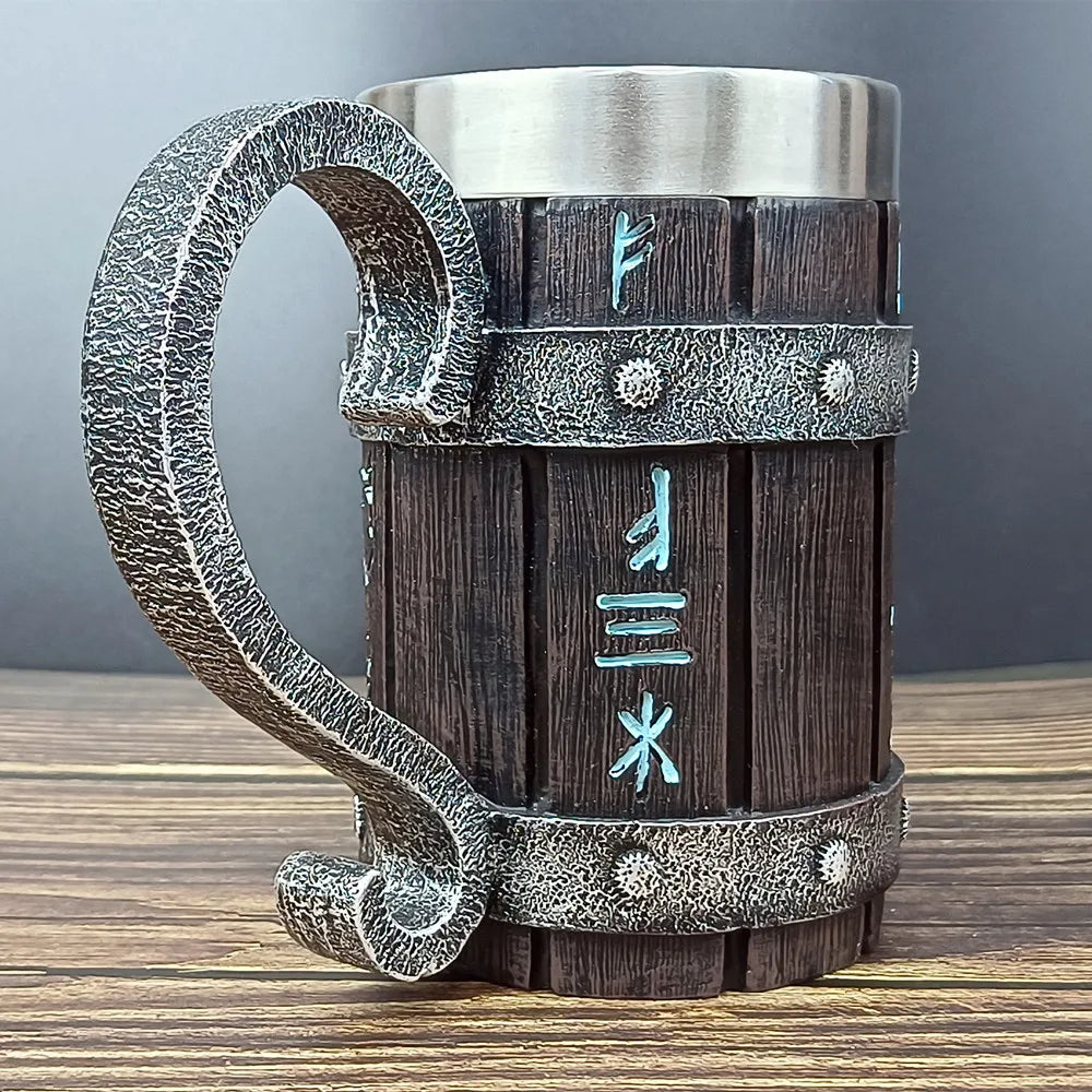Jarra de cerveza de madera estilo barril, jarra de cerveza de acero inoxidable de gran capacidad, taza de café, copa de vino, metálica e aislada, como regalo para bar o fiesta