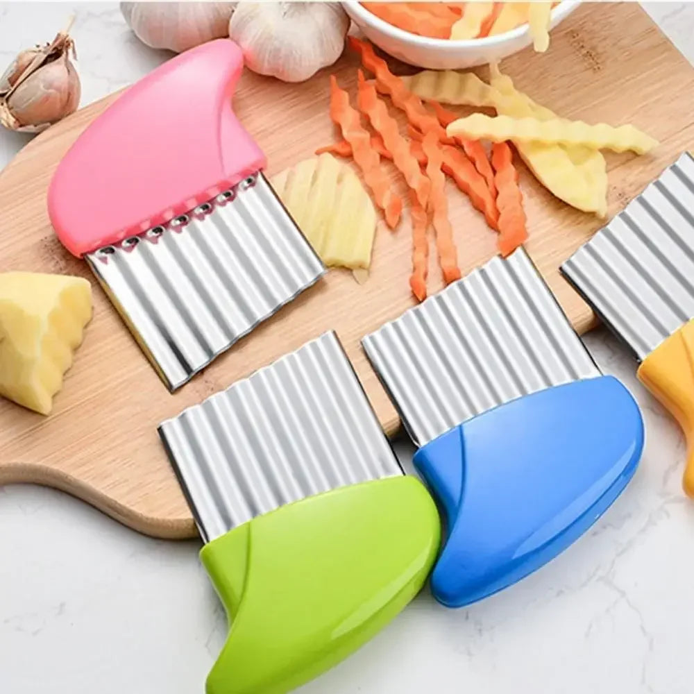 Cortador de Papas de Acero Inoxidable, Cortador de Verduras y Frutas, Cuchillo Ondulado Acanalado, Gadget de Cocina para Papas Fritas