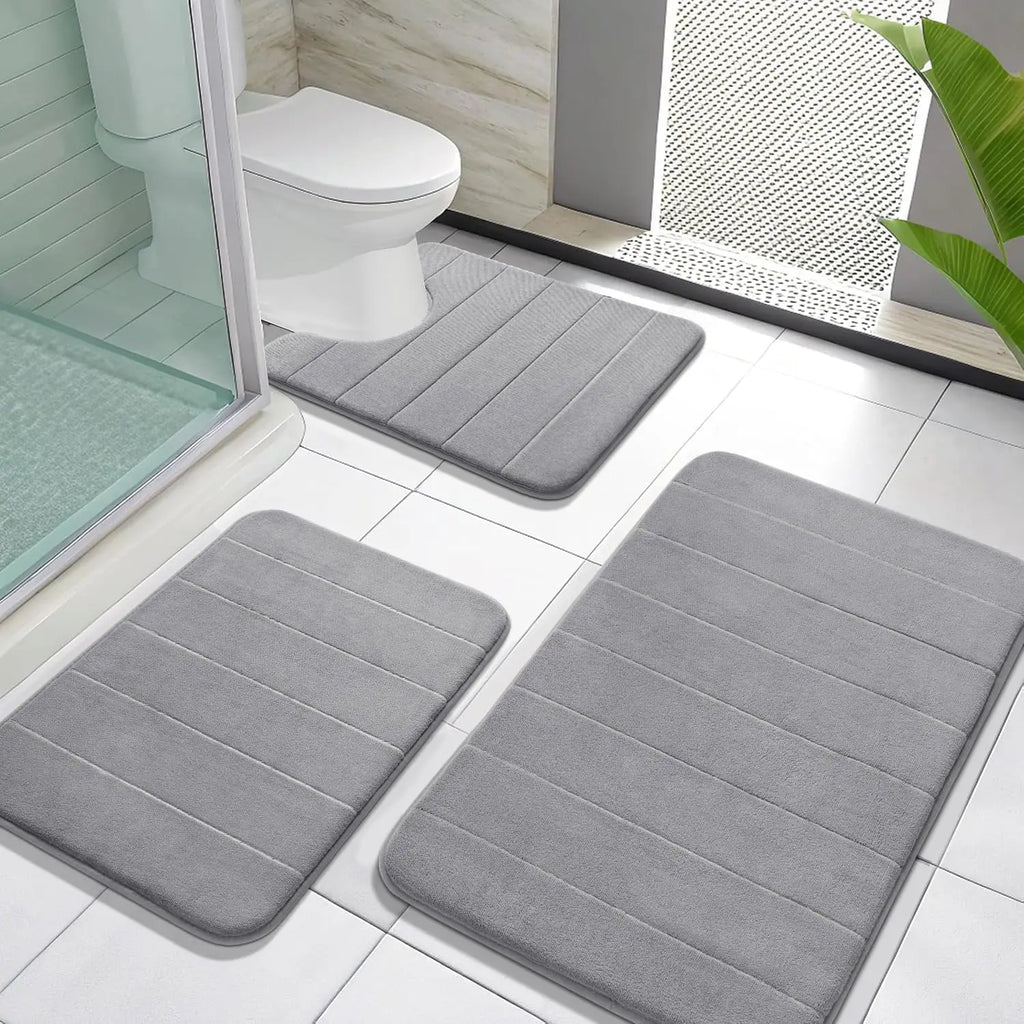 Juego de 3 piezas de alfombra de baño de espuma viscoelástica - Súper suave, absorbente, de secado rápido, antideslizante, alfombra de baño para bañera, ducha, tocador, base del inodoro, gris