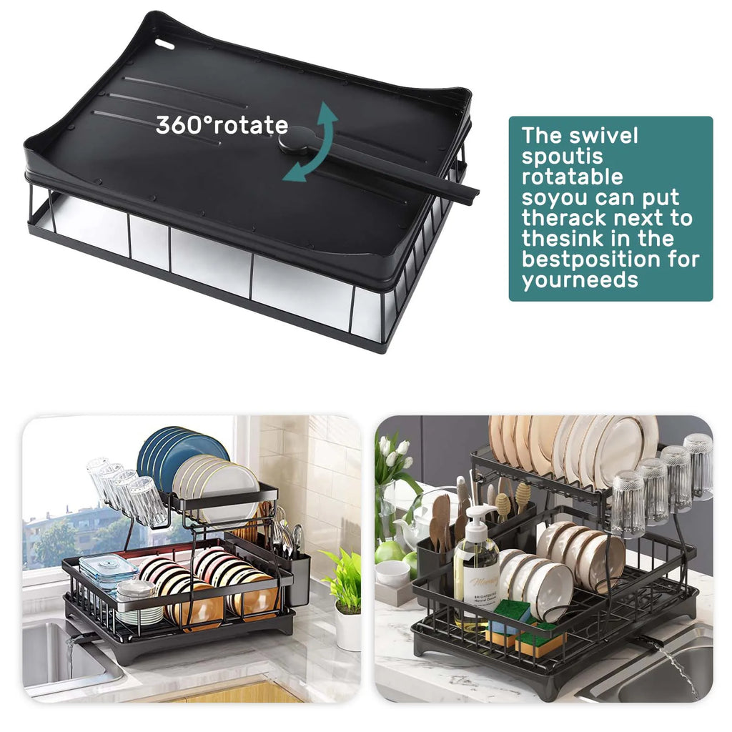 Double-Layer Large Metal Cutlery Dish Drying Rack Countertop Organizer