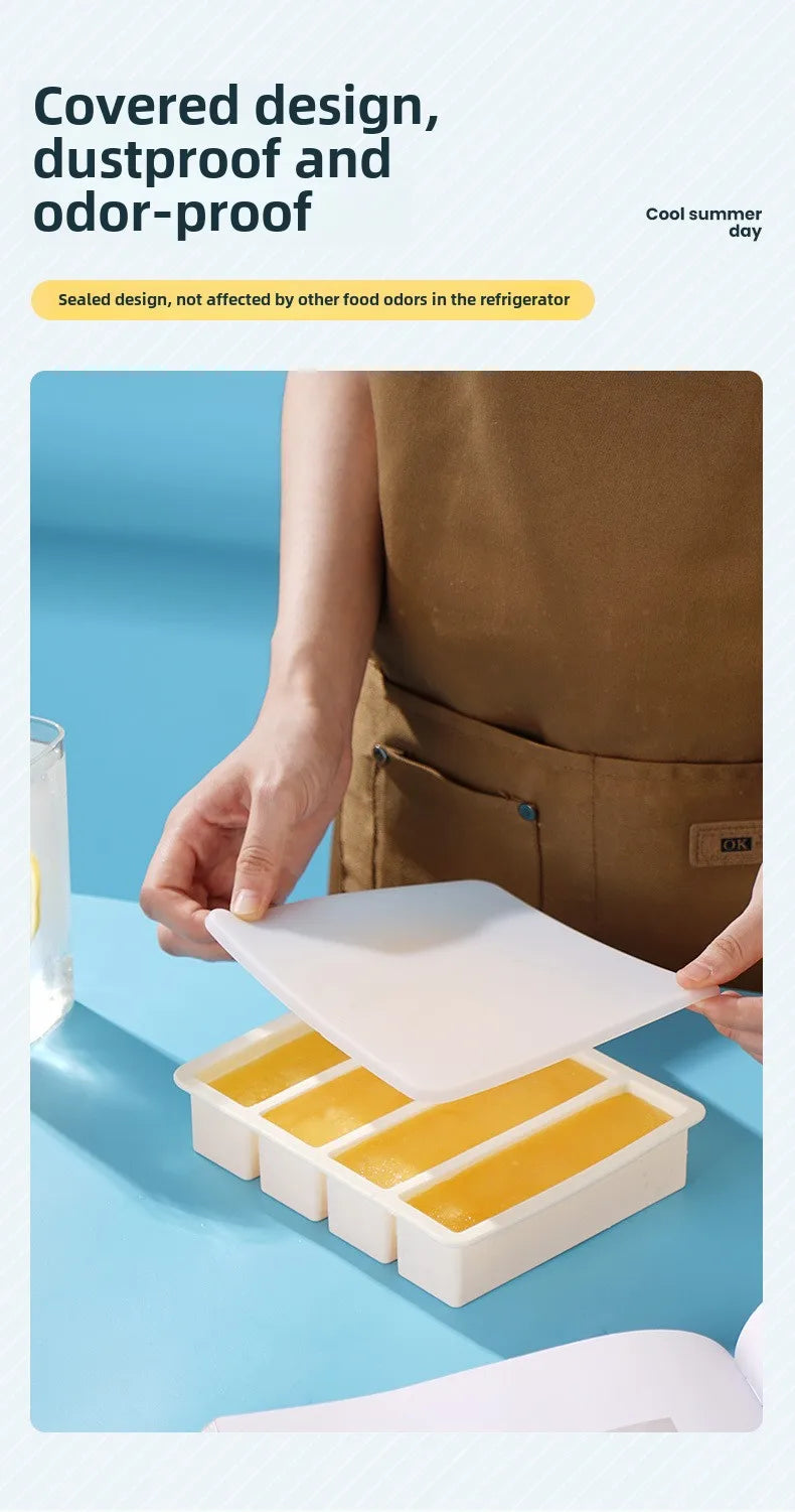Bandeja de hielo cuadrada de 4 celdas, tira larga, molde de silicona de grado alimenticio, bandeja de hielo rectangular reutilizable para el hogar con tapa o sin tapa