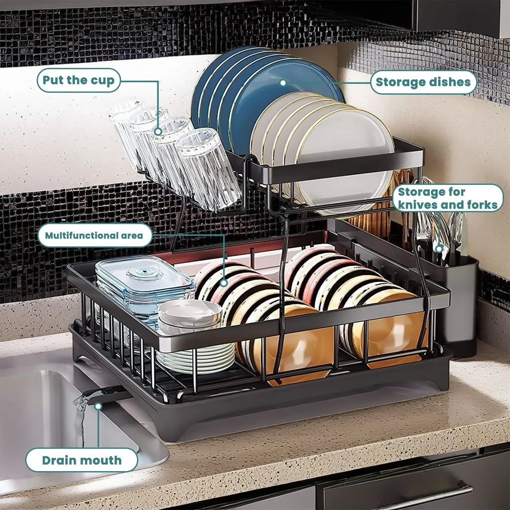 Double-Layer Large Metal Cutlery Dish Drying Rack Countertop Organizer