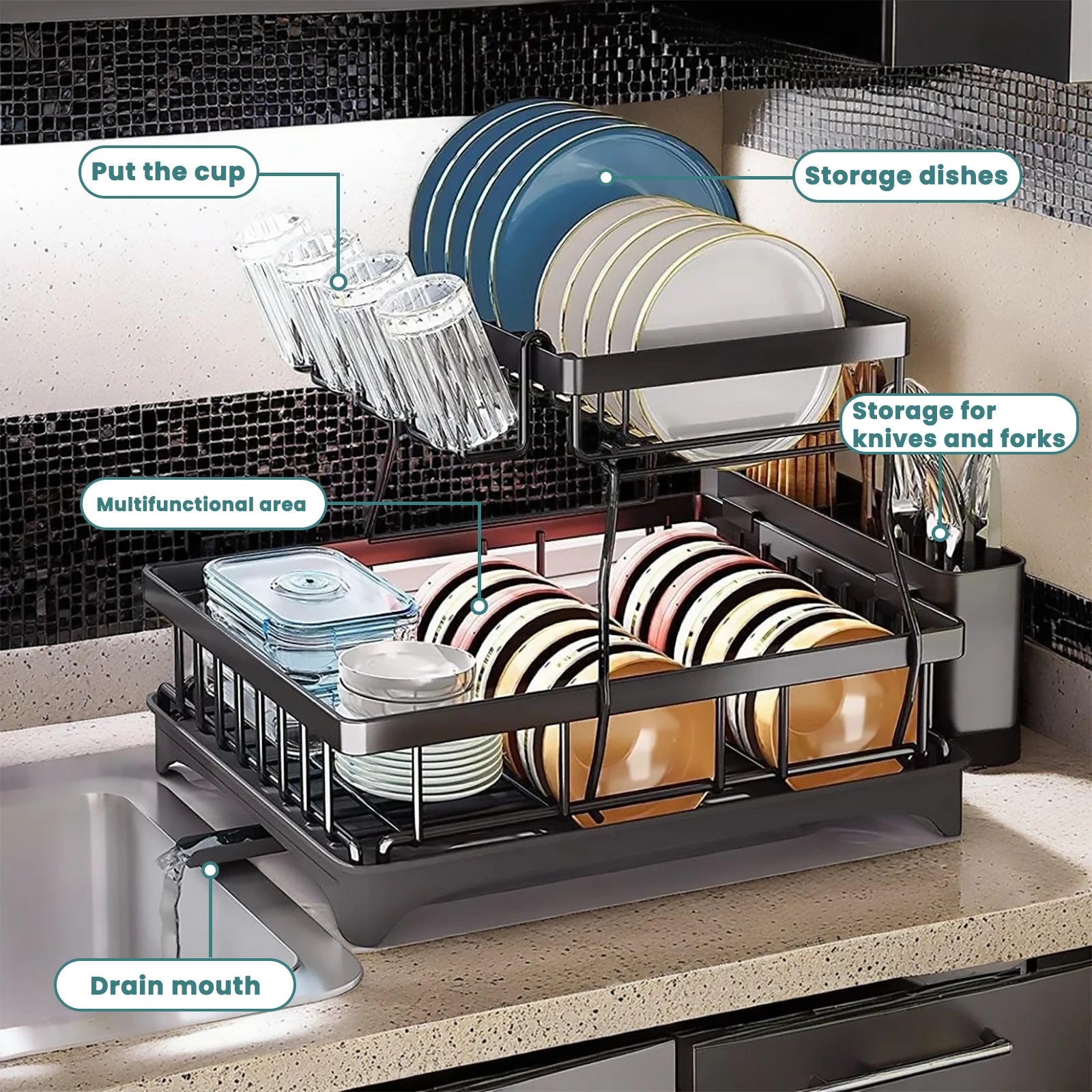 Double-Layer Large Metal Cutlery Dish Drying Rack Countertop Organizer